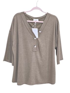 New Andree By Unit Waffle Henley Top Womens Plus Size 1X 2X 3X Tan Relaxed Fit
